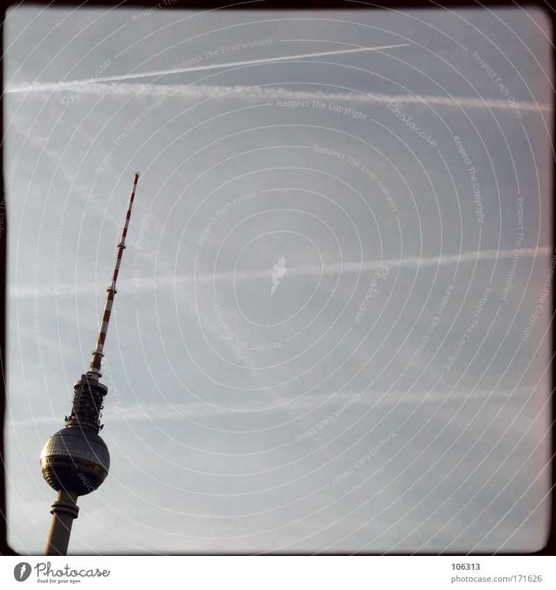 Photo number 125229 Berlin TV Tower Television tower Landmark Radio waves Antenna Monument Smear Tall Manmade structures Downtown Berlin Block Sky Exterior shot