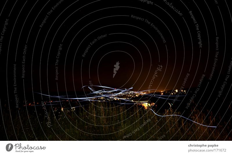 Small City Lights Night sky Stars victories Small Town Outskirts Skyline Deserted Stripe Exceptional Dark Movement Visual spectacle Lighting effect