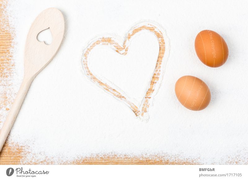 Bake with love Flour Egg Spoon Shopping Baking Cooking Living or residing Flat (apartment) Kitchen Feasts & Celebrations Baker Bakery confectioner Bakery shop