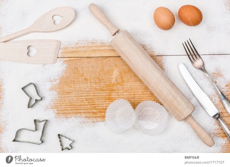 baking window Food Flour Egg Cutlery Knives Fork Profession Craftsperson Baker Bakery shop Gastronomy Wooden spoon corrugated wood cookie cutter Baking tin