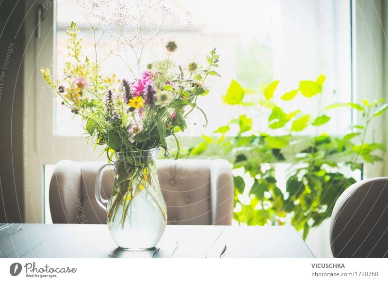Bouquet of flowers in a glass vase on the table in front of a window Lifestyle Style Summer Living or residing Flat (apartment) House (Residential Structure)