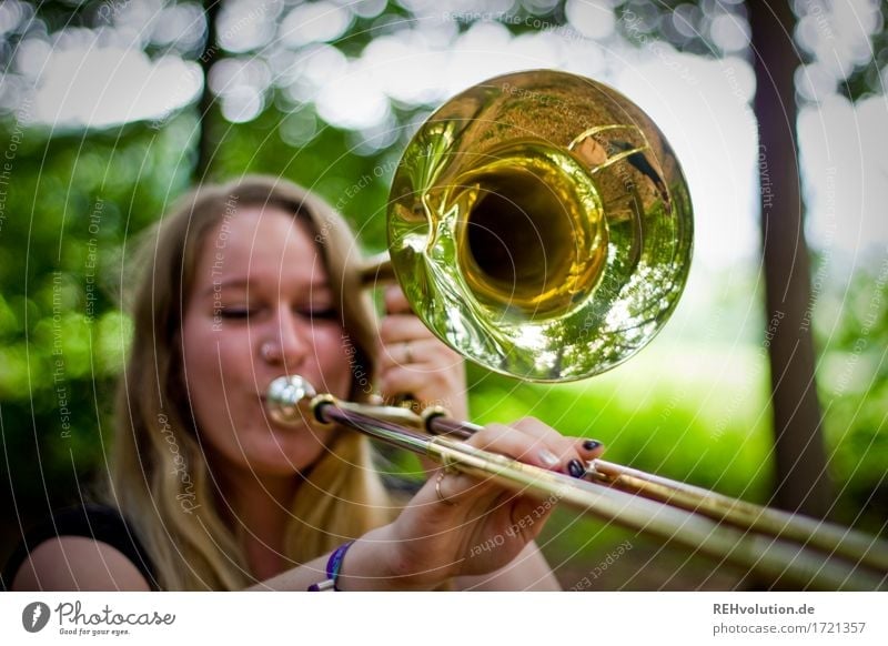 Jacki and the trombone Leisure and hobbies Playing Human being Feminine Young woman Youth (Young adults) 1 18 - 30 years Adults Environment Nature Forest