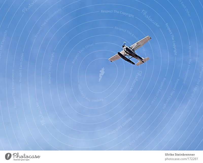 Seaplane in the blue sky Exterior shot Aerial photograph Deserted Copy Space left Copy Space bottom Neutral Background Day Technology Environment Sky Clouds
