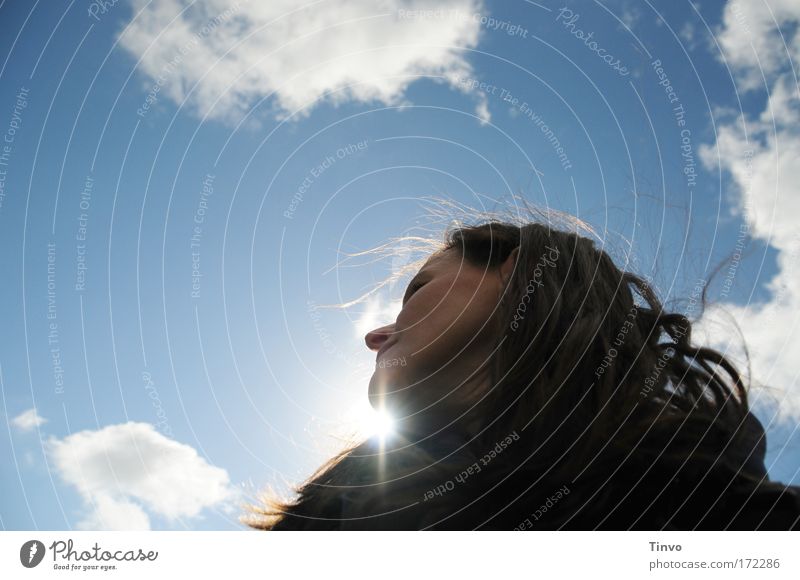 under the blue sky Feminine Woman Adults Head Hair and hairstyles Face 1 Human being Sky Clouds Sun Sunlight Wind Observe Looking Dream Happy Contentment