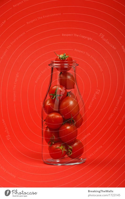 Juice, ketchup bottle full of cherry tomatoes on red Food Vegetable Organic produce Vegetarian diet Diet Bottle Fresh Small Natural Red Responsibility Colour