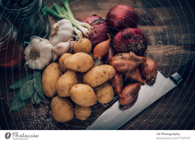 Food still life flavorful ingredients Herbs and spices Kitchen Leaf Fresh Natural Yellow Green Red Colour bay leaves board bulbs colorful cooking flavors food