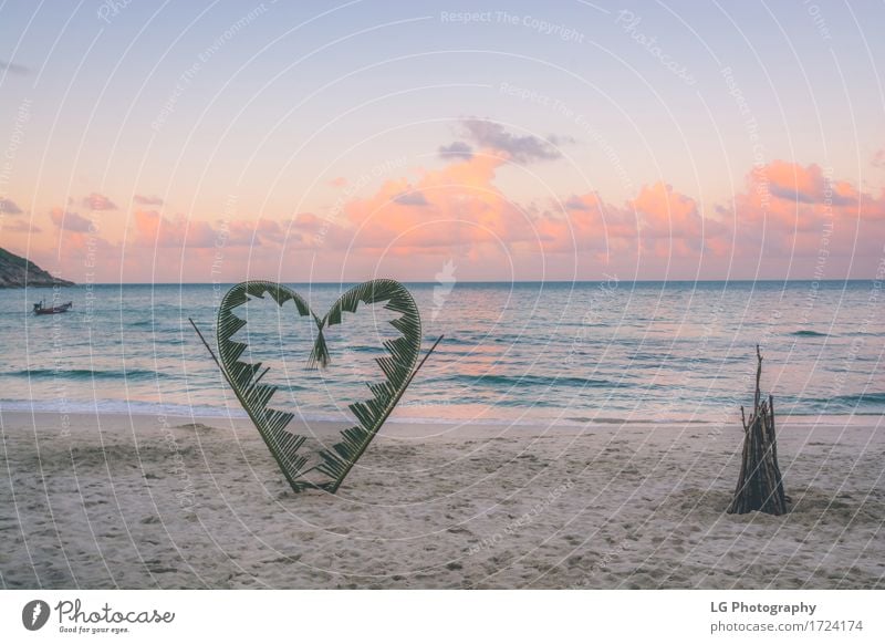 Palm branches tied into the shape of a heart on the beach. Joy Beautiful Vacation & Travel Tourism Beach Ocean Island Valentine's Day Nature Plant Sand Sky