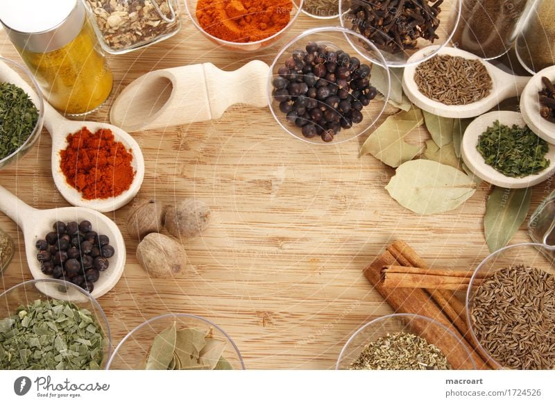 spices Herbs and spices Chives Parsley Dill Pepper Curry powder Cumin Wooden board Wooden spoon Red Green Ingredients Healthy Eating Dish Food photograph Basil