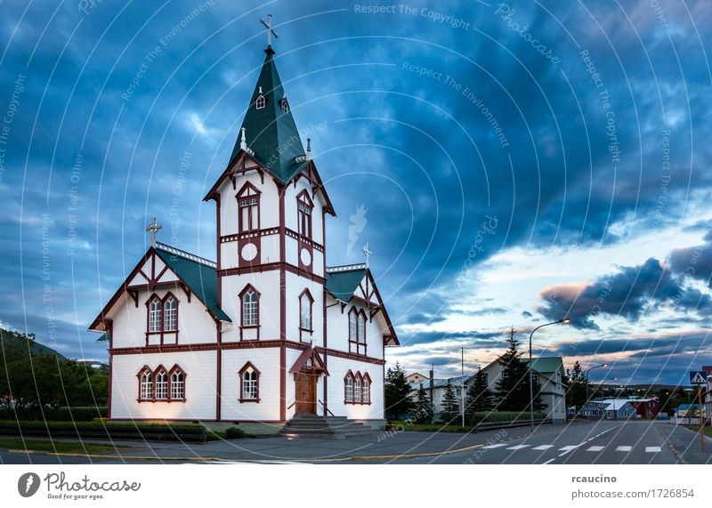 Icelandic church in the little town of Husavik Vacation & Travel Summer Landscape Village Church Building Architecture Small White Religion and faith Europe