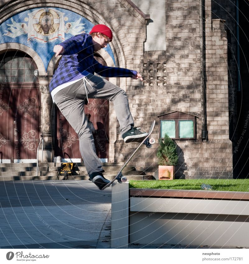 very scarce Multicoloured Exterior shot Evening Shadow Contrast Sunlight Central perspective Forward Skateboarding Port City Old town Populated Church Park