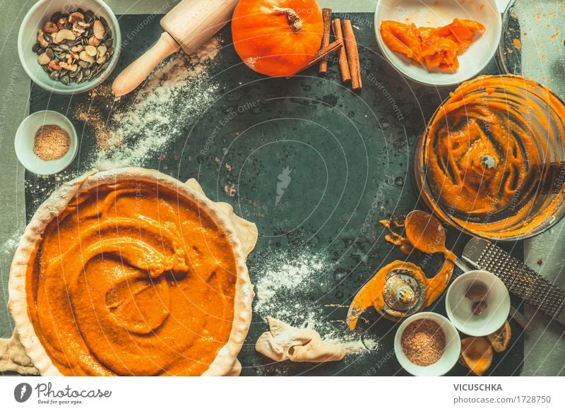 Pumpkin cake preparation with ingredients and kitchen utensils Food Vegetable Cake Dessert Herbs and spices Nutrition Banquet Organic produce Vegetarian diet