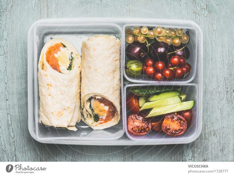 Healthy vegetarian lunch box with tortilla wraps Food Fish Vegetable Lettuce Salad Fruit Bread Nutrition Lunch Banquet Organic produce Vegetarian diet Diet Bowl