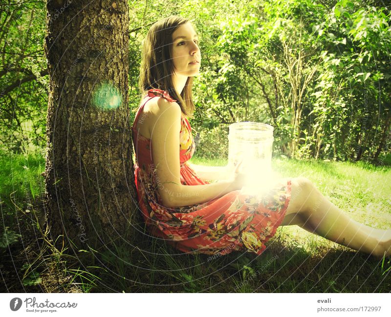 You are my sun Colour photo Exterior shot Day Flash photo Feminine Young woman Youth (Young adults) 1 Human being Summer Tree Grass Bushes Garden Discover