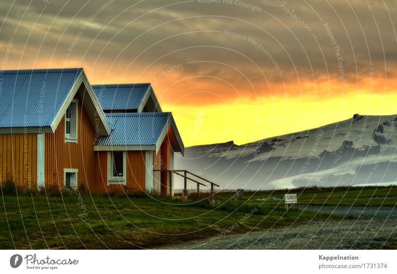 evening mood Landscape Sky Sunrise Sunset Summer Beautiful weather Mountain Snowcapped peak Glacier Iceland Europe Deserted Hut Vacation home Lanes & trails