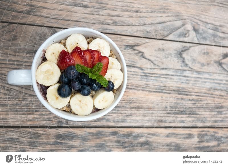 Acai bowl strawberry blueberry banana wooden table Yoghurt Fruit Dessert Nutrition Breakfast Vegetarian diet Diet Bowl Healthy Health care Healthy Eating