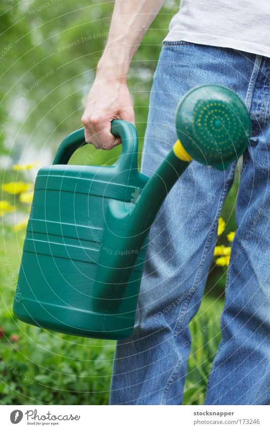 Watering can outdoor Summer Day spout Garden chore Equipment Gardening Carrying holding holds Hand Tin Plastic Green Grasp Exterior shot Object photography