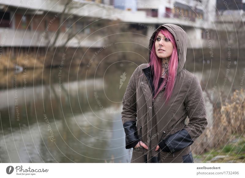 woman with pink hair in bleak surroundings Lifestyle Human being Young woman Youth (Young adults) Woman Adults 1 18 - 30 years Subculture Punk River bank Town