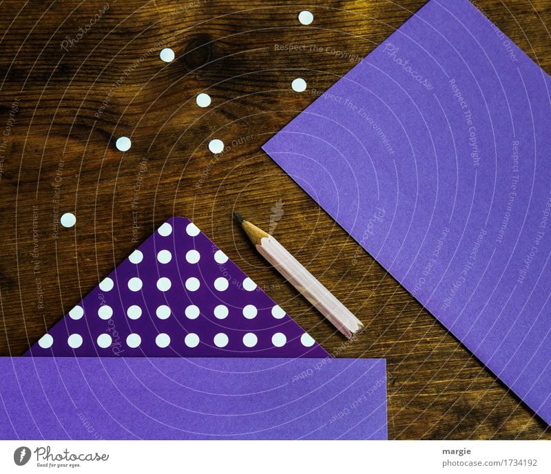 Collect points: purple paper with white dots and pencil on a wooden desk Study Profession Office work Workplace Financial institution Mail Business Brown Violet
