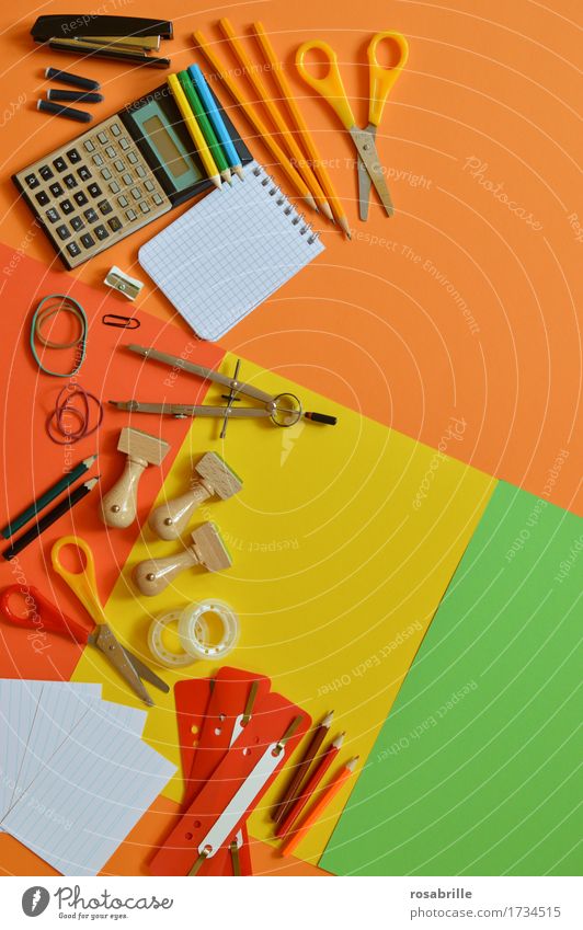 colorful workplace - school utensils on orange background Education School Study Professional training Work and employment Office work Workplace Claw Stationery