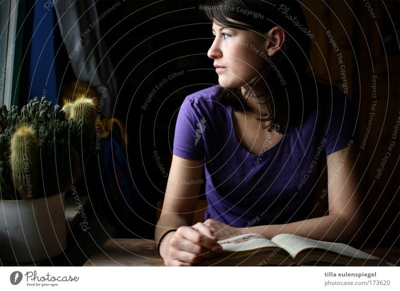 look. Colour photo Interior shot Shadow Looking away Study Student Feminine Young woman Youth (Young adults) 1 Human being Book Reading Observe Education