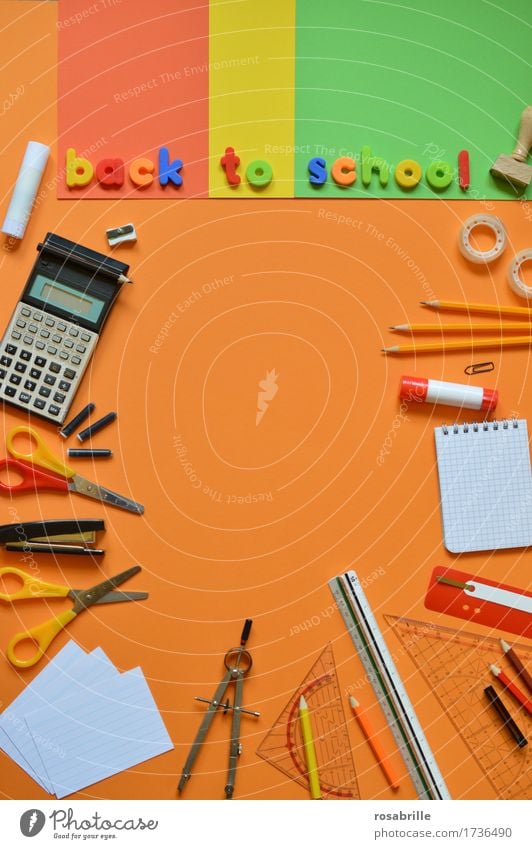 Back to school - school utensils on orange background with the words BACK TO SCHOOL Education School Study Homework Workplace Stationery Paper Piece of paper