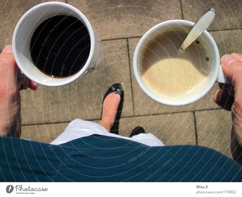 Once black and once with milk Colour photo Exterior shot Detail Morning Sunlight Bird's-eye view To have a coffee Beverage Hot Chocolate Coffee Cup Mug Spoon