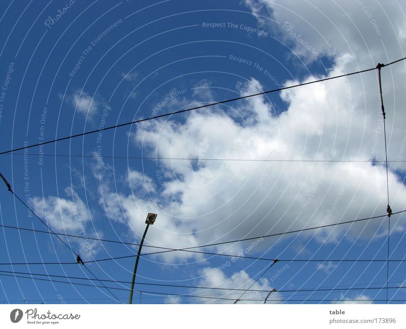 above the line Colour photo Copy Space top Logistics Energy industry Technology Cable Lantern Sky Clouds Beautiful weather Transport Public transit