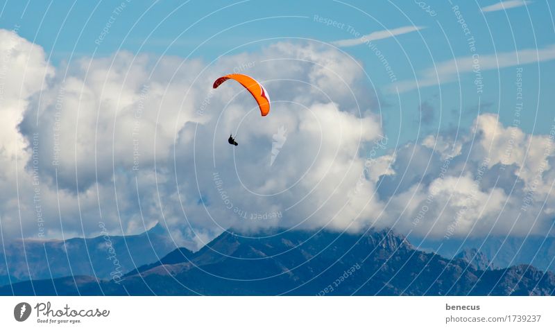 updraft Leisure and hobbies Skydiver Parachute Adventure Mountain 1 Human being Clouds Summer Beautiful weather Alps Flying Hang Free Blue Orange Bravery