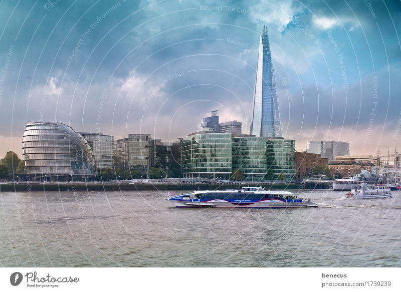 London Skyline River Themse Capital city High-rise Architecture Tourist Attraction Landmark Shard Modern Innovative Culture Growth Future Sightseeing Watercraft