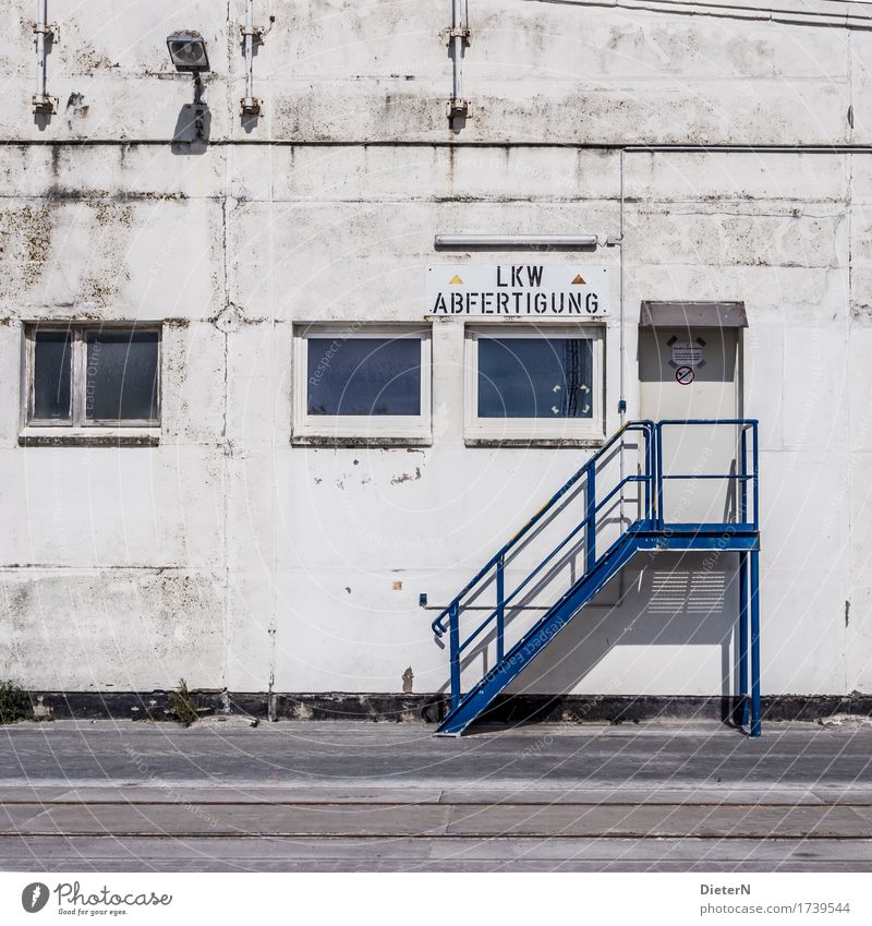 dispatch Outskirts Deserted Industrial plant Manmade structures Building Wall (barrier) Wall (building) Stairs Window Door Blue Black White Storehouse