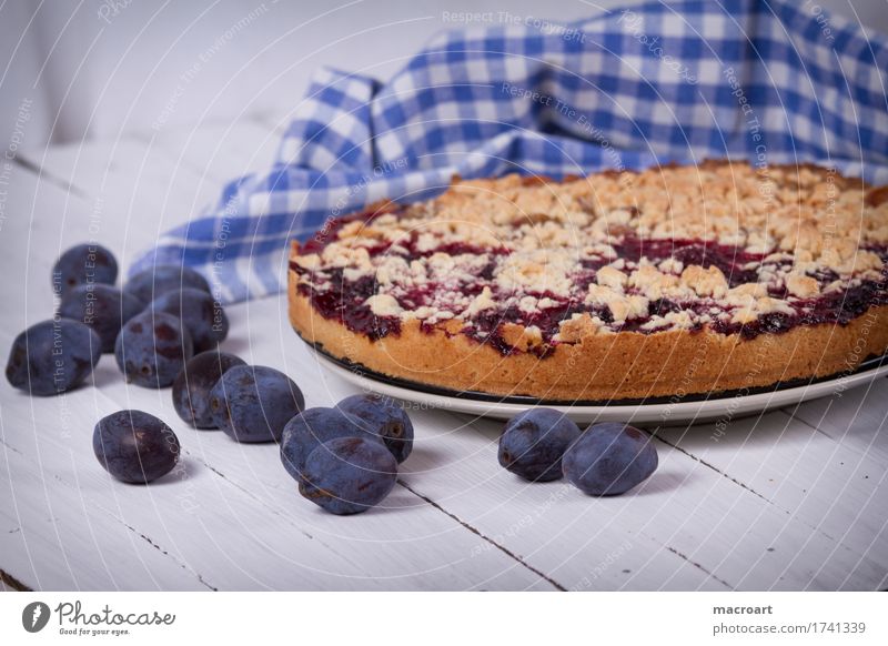 plum cake Plum streusel cake Fruit flan Baking Dessert Coffee Wooden table Healthy Eating Dish Food photograph Nutrition To enjoy Brown White Checkered