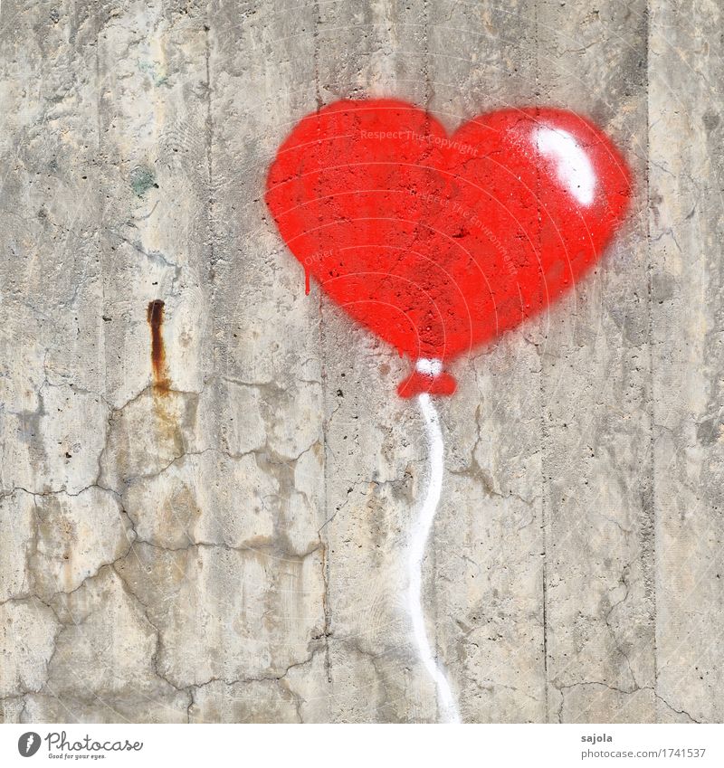 Happy Birthday Wall (barrier) Wall (building) Decoration Balloon Kitsch Odds and ends Concrete Sign Graffiti Heart Love Gray Red Street art Heart-shaped Sincere