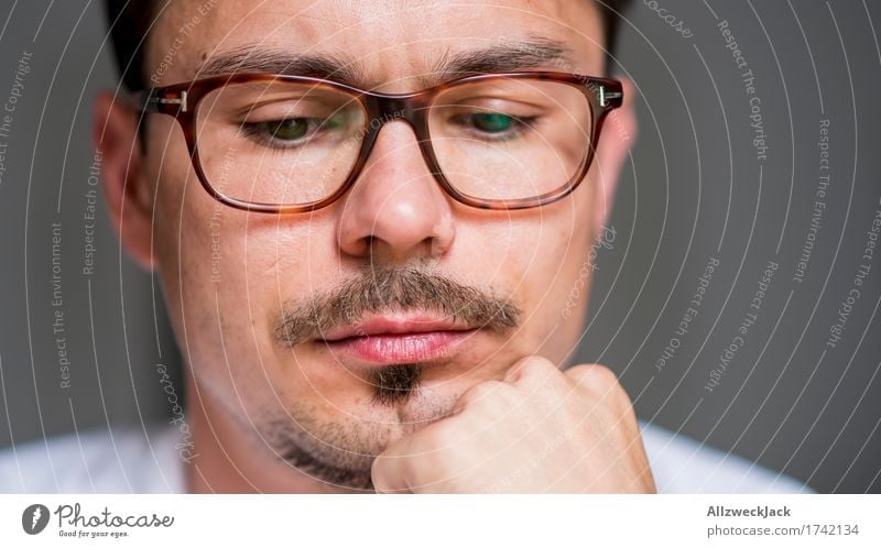 Thoughtful Human being Masculine Young man Youth (Young adults) Man Adults Face 1 18 - 30 years 30 - 45 years Eyeglasses Brunette Moustache Patient Calm Boredom