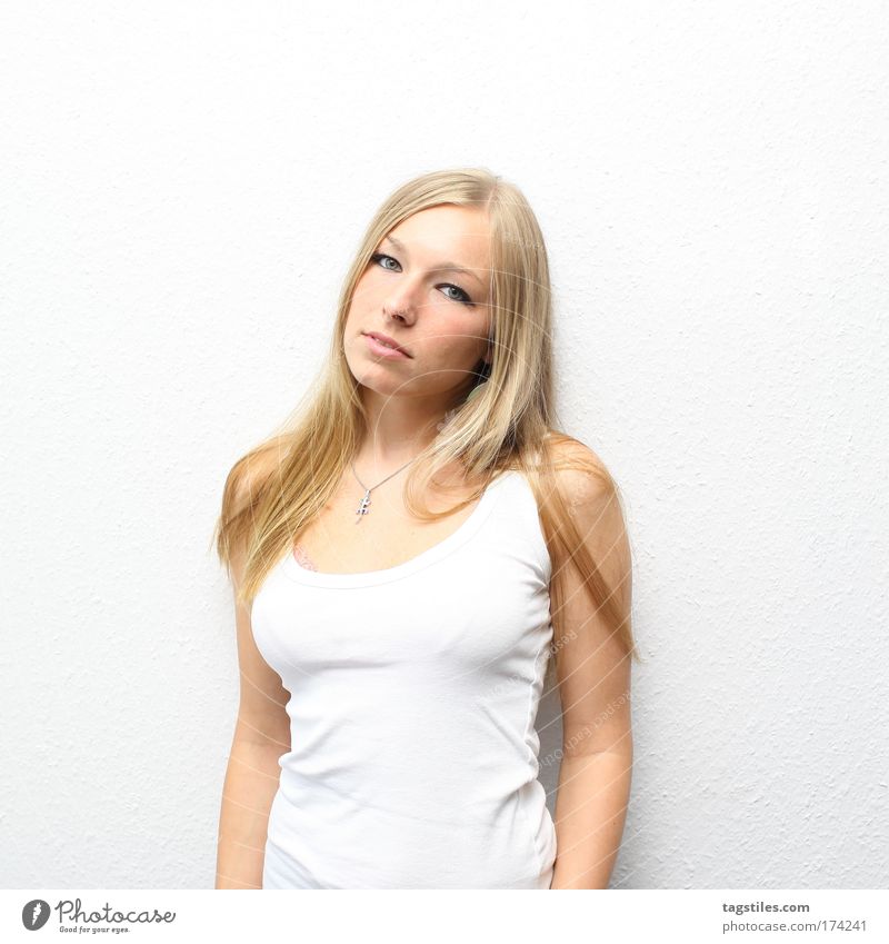 BLOND ON WHITE Woman Feminine Blonde Beautiful Beauty Photography White Sleeveless t-shirt T-shirt Ask Portrait photograph Isolated Image Copy Space top fashion