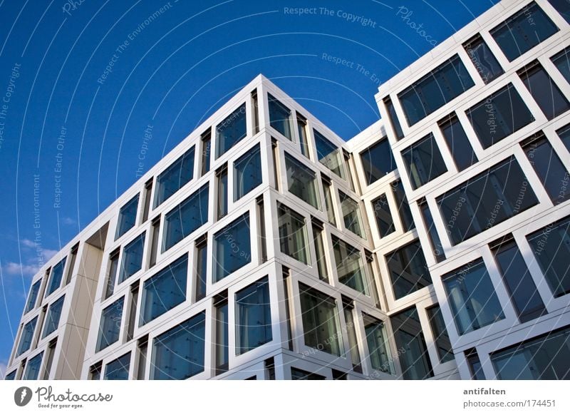 Have fun cleaning! Sky Cloudless sky Summer Beautiful weather Duesseldorf Bank building Architecture Office building Facade Window Glass Steel Esthetic