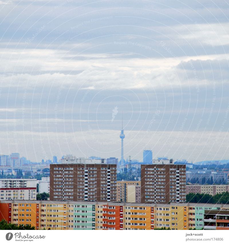 flat view of Berlin Clouds Climate change Capital city Skyline Prefab construction Tower block Facade Landmark Berlin TV Tower Authentic Far-off places Above