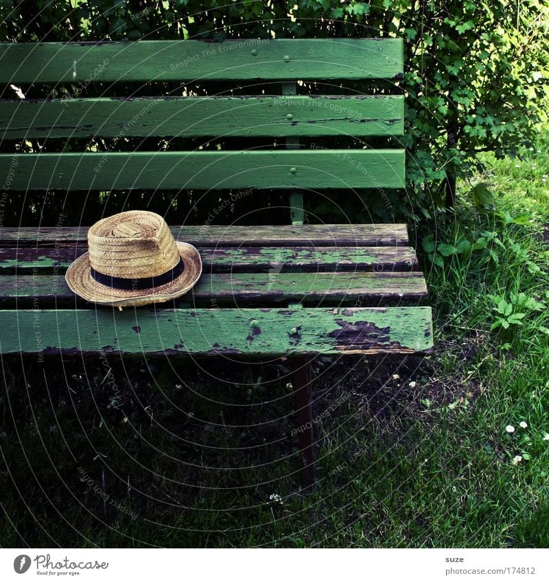 hat Retirement Closing time Hat Lie Old Authentic Natural Green Calm Past Transience Time Bench Wood Forget Park bench Wooden bench Garden bench Straw hat