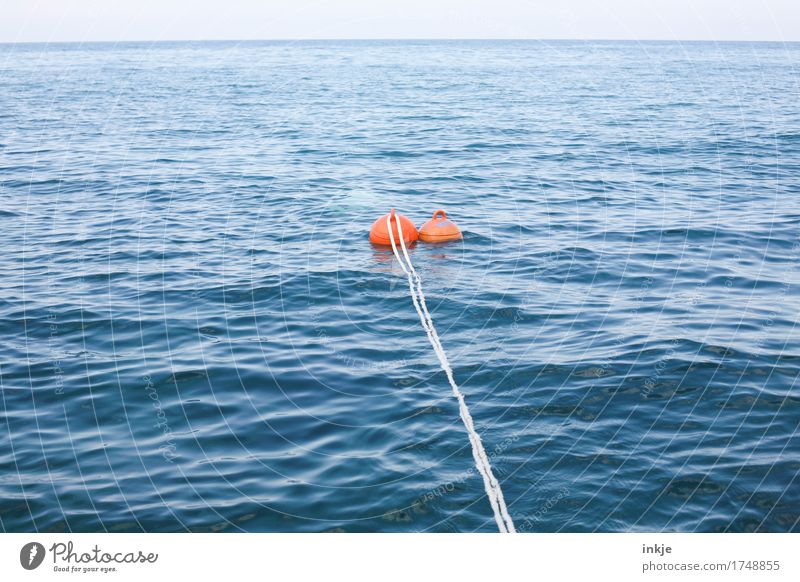 A ride in the blue. Environment Water Horizon Summer Beautiful weather Waves Ocean Navigation Rope Buoy Swimming & Bathing Blue Orange White Break Safety