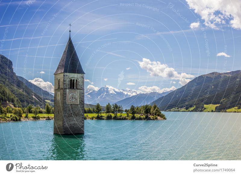 The flooded village Landscape Elements Water Sky Clouds Summer Beautiful weather Snow Forest Hill Rock Alps Mountain Peak Snowcapped peak Waves Lakeside Village