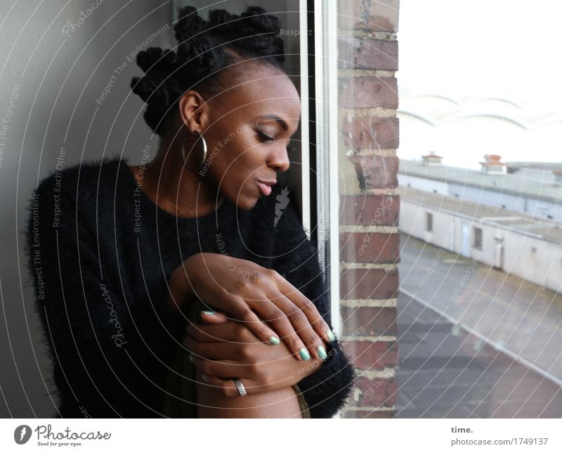 . Room Feminine 1 Human being Window Sweater Jewellery Ring Earring Hair and hairstyles Black-haired Short-haired Observe Think Looking Sit Wait Beautiful