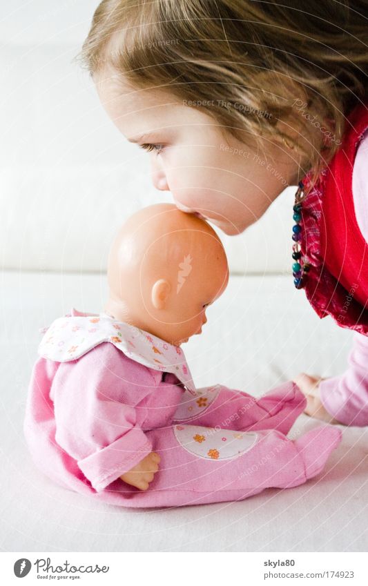 doll's mama Child Toddler Sweet girl snub nose Hair and hairstyles Kissing Doll Pink cute Emotions upbringing doll's mother Responsibility Children's game