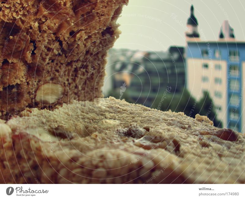 Fruit bread with nuts, with the city in the background Bread Nutrition Town House (Residential Structure) High-rise City hall Society Luxury in bread and butter