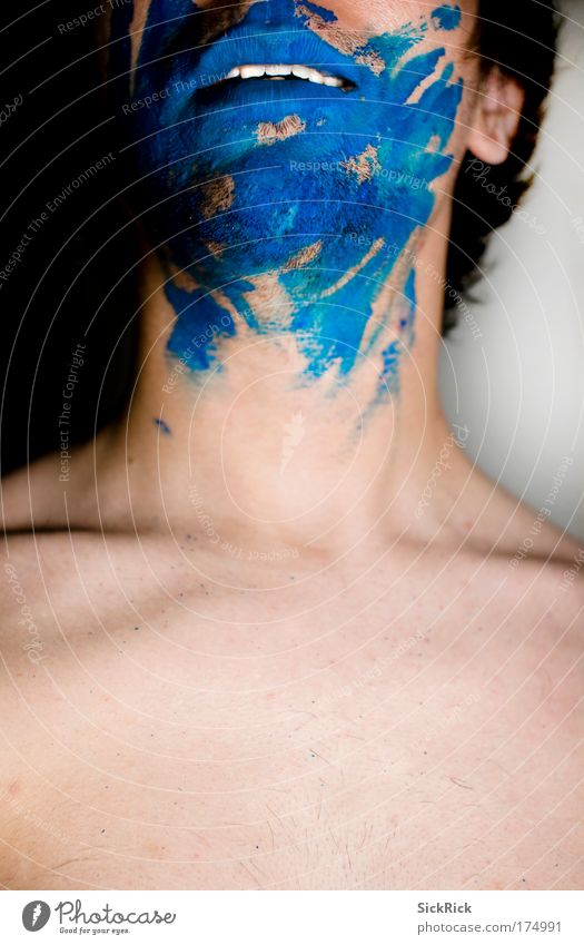 blue smile Colour photo Studio shot Experimental Abstract Copy Space bottom Artificial light Shadow Upper body Forward Human being Masculine Man Adults Body