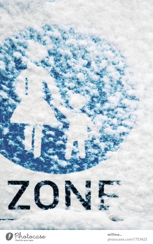 Mother and child on a winter walk Snow Road sign Pedestrian Footpath Blue White Zone Pedestrian precinct Mother with child snow-covered Winter