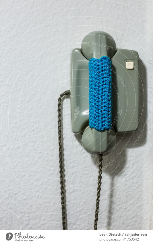 Crocheted telephone Telephone Intercom system Telecommunications Low-tech Decoration Old Retro Soft Wool Knitted Receiver Green Blue Colour photo Subdued colour
