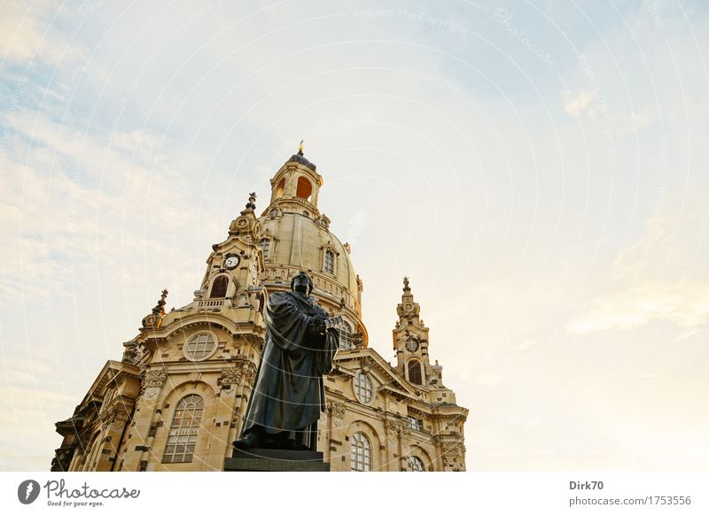 Luther and his Castle Tourism Sightseeing City trip Sculpture Martin Luther Statue Sky Clouds Sunlight Beautiful weather Dresden Saxony Downtown Old town Church