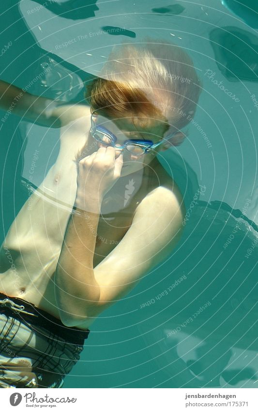 Submerged Colour photo Interior shot Underwater photo Day Reflection Upper body Front view Aquatics Swimming pool Masculine Child Boy (child) 1 Human being