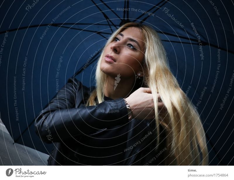 pisa Feminine 1 Human being Sweater Jacket Leather jacket Umbrella Blonde Long-haired Observe Looking Stand Wait pretty Self-confident Willpower Brave