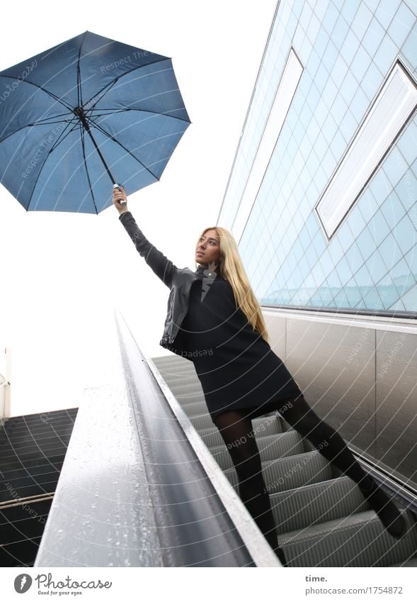 . Wall (barrier) Wall (building) Stairs Escalator Dress Jacket Umbrella Blonde Long-haired Movement To hold on Stand Beautiful Feminine Contentment