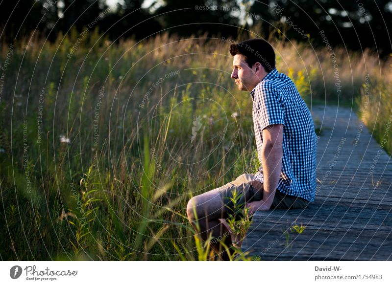 on the jetty Human being Masculine Young man Youth (Young adults) Man Adults Life 1 Environment Nature Landscape Summer Plant Bushes Park Lake River Observe